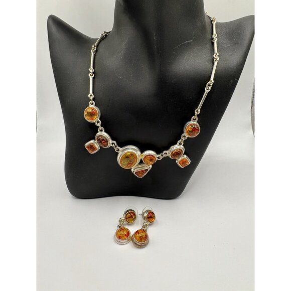 Faux Amber Silver Necklace Drop Dangle Earrings Matching Set Demi Parure - Picture 1 of 3